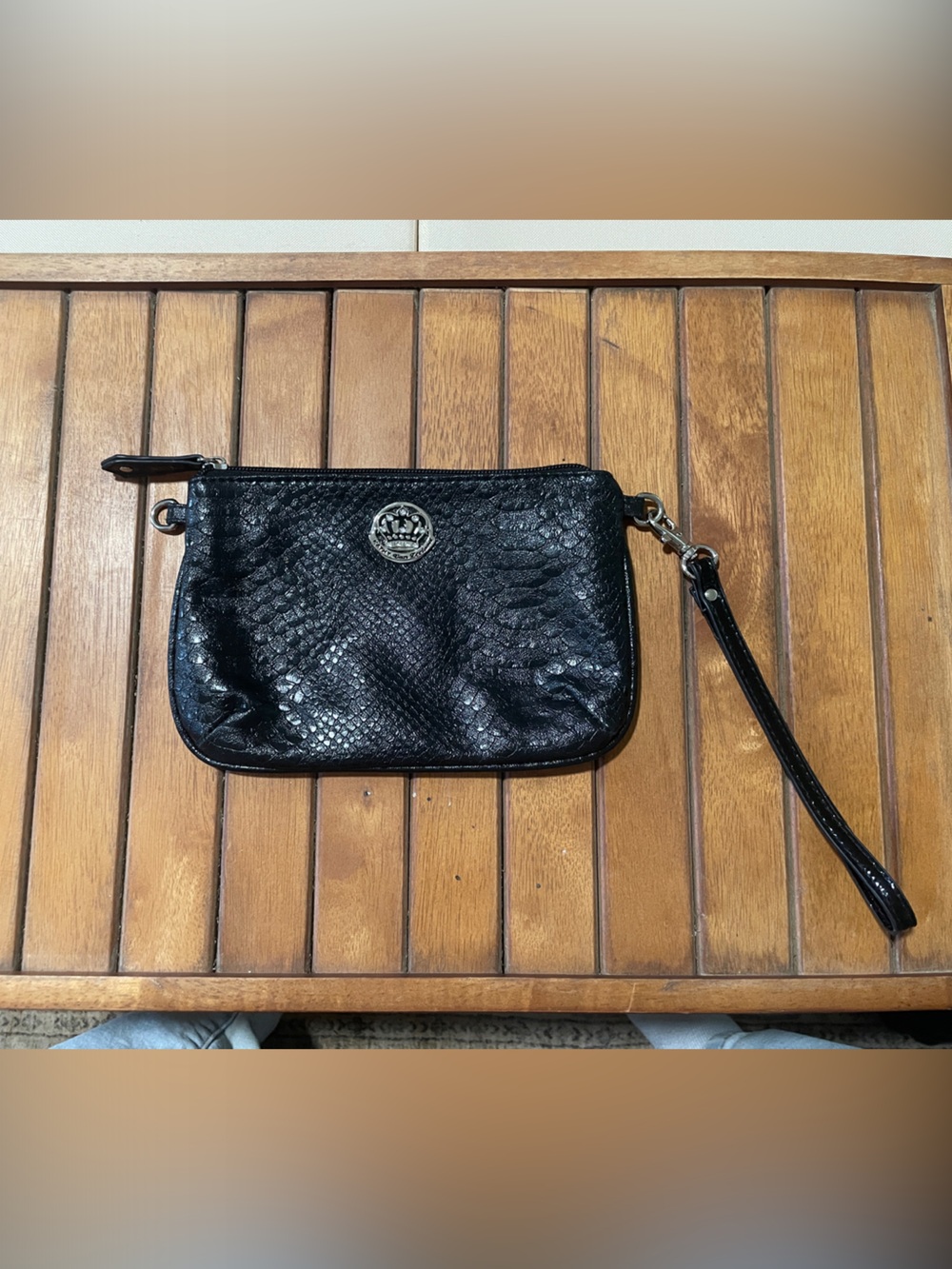 Kathy Van Zeeland Black Faux-Snakeskin Wristlet Clutch